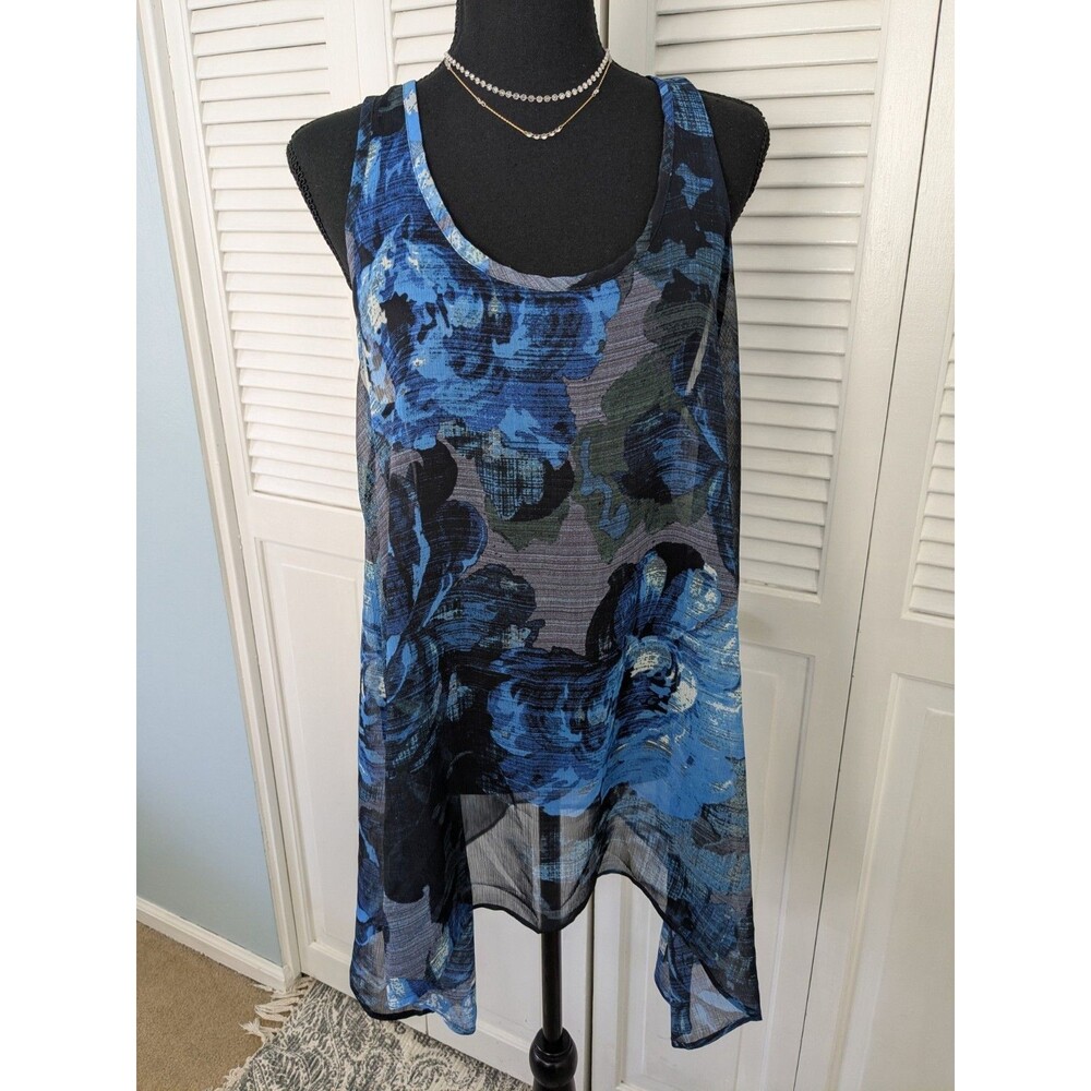 Express Top Womens L Blue Floral Watercolor Sheer Racerback Blouse Tank Coverup